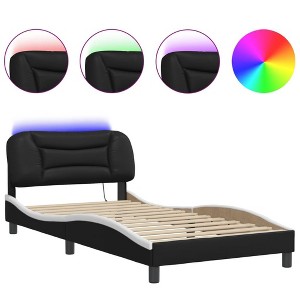 vidaXL Twin XL Bed Frame with LED Lights - Durable Black & White Faux Leather, Plywood Slats, Waved Design, Comfort Headboard - 1 of 4