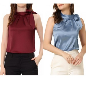 INSPIRE CHIC Women's Elegant Satin Sleeveless Bow Tie Mock Neck Solid Work Blouse 2 Packs - 1 of 4
