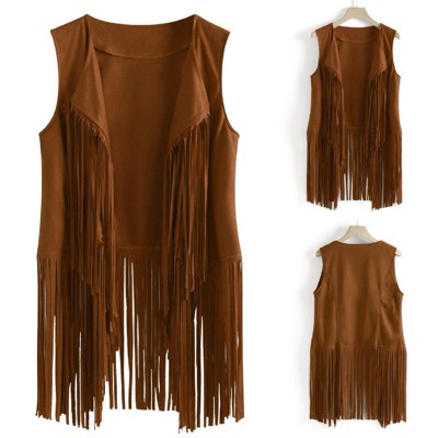Women's Tassel Sleeveless Vest 70s Hippie Faux Suede Fringe Jacket Cardigan