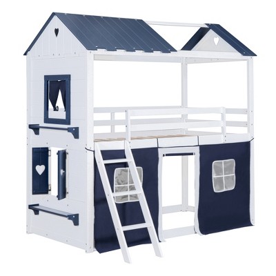 Vynxaria Twin Size Bunk Wood House Bed with Elegant Windows, Sills and Tent, Blue+White