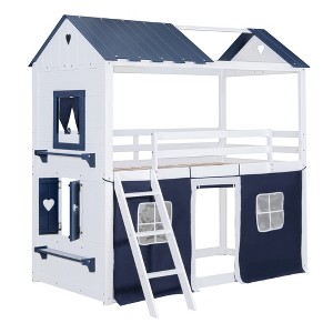 Vynxaria Twin Size Bunk Wood House Bed with Elegant Windows, Sills and Tent, Blue+White - 1 of 4