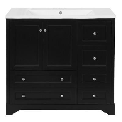 Vynxaria Bold Black 36 in Four Drawer Two Door Bathroom Cabinet Soft Close Hinges Metal Handles with 4 Storage Drawers and Shelf Soft Closing Doors