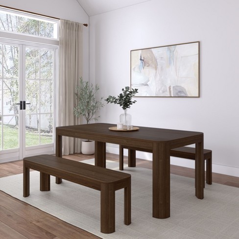 Plank+beam 72" Modern Rounded Solid Wood Dining Table Set With 2 Benches, Walnut : Target
