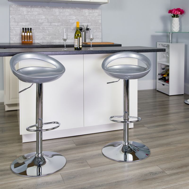 Emma and Oliver 2 Pack Contemporary Plastic Adjustable Height Barstool with Rounded Cutout Back and Chrome Base, 2 of 7