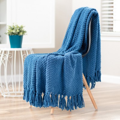 Cerulean Blue Knitted Acrylic Throw Blanket with Tassels - 50" x 65"