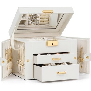 Leather Jewelry Box with Mirror & Lock, 3-Tier Organizer with 2 Drawers for Necklaces & Bracelets - 1 of 4