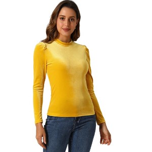 INSPIRE CHIC Women's Metallic Velvet Puff Long Sleeve Mock Neck Glitter T-shirt - 1 of 4