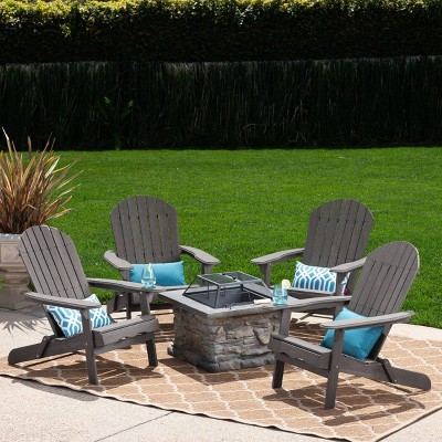Marrion 5pc Acacia Wood Adirondack Chair and Fire Pit Set - Dark Gray/Natural Stone - Christopher Knight Home