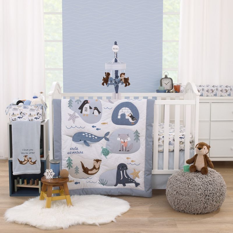 NoJo Arctic Adventure Light Blue, White, Taupe and Navy Whales, Walrus, and Otter 4 Piece Nursery Crib Bedding Set, 1 of 11