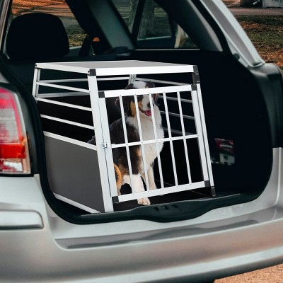 Aluminum Pet Transport Box for Dogs and Cats,Car Travel Crate with Lockable Door,Trapezoidal Design,Black Ventilated Kennel-The Pop Home