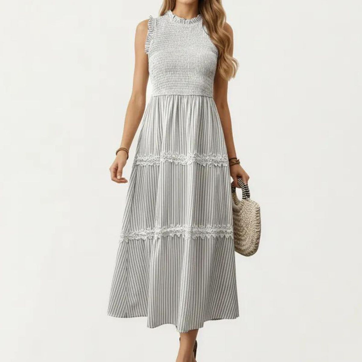 Anna-Kaci Women's Sleeveless Smocked Midi Dress with Ruffle Armholes and Lace Trim Panels - thumbnail 6
