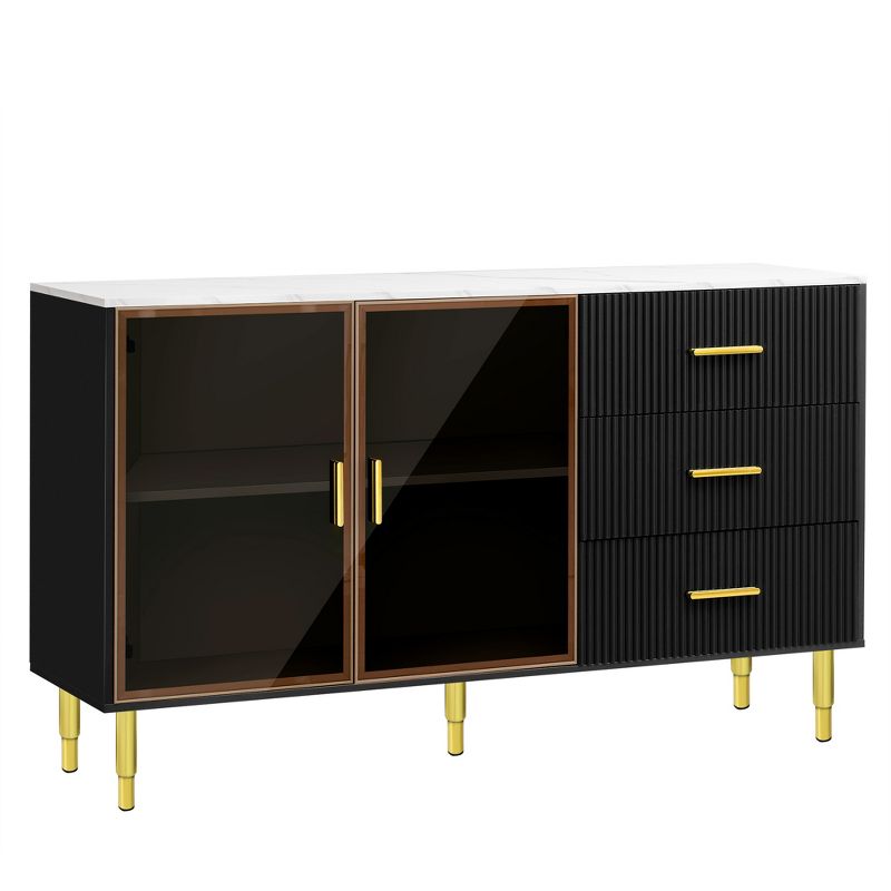 Modern Sideboard, Buffet Storage Cabinet with Amber-yellow Tempered Glass Doors and Gold Metal Legs & Handles-ModernLuxe, 4 of 14
