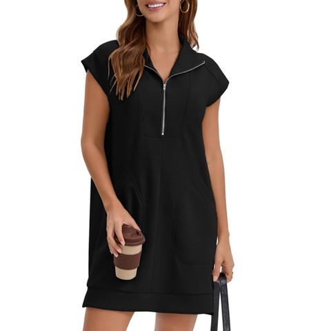 Женские платья INSPIRE CHIC Women's Half Zip Cap Sleeve V Neck Lapel Collar Tunic Summer Shift Mini Dresses with Pockets Medium Black