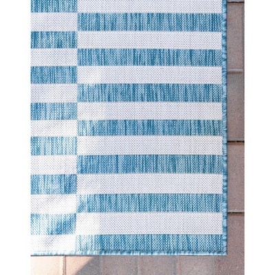 Coastal Breeze Light Aqua and Ivory Striped 7x10 Outdoor Rug