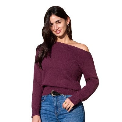Women's Burgandy Red Off-Shoulder Long Sleeve Knit Top - Cupshe