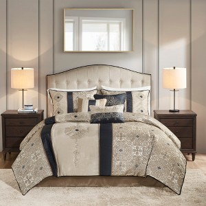7 Pcs Elegant Faux Silk Traditional Jacquard Comforter Set,All Season Medallion Print Bedding Set,Cozy Home Textile fits Lux Bedroom Decor,Matching - 1 of 4
