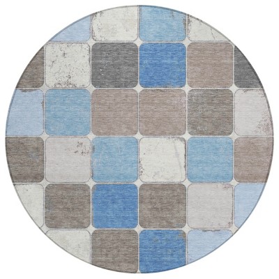HomeRoots 8' Blue And Gray Round Geometric Washable Indoor Outdoor Area Rug