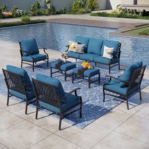 Captiva Designs 7pc Metal Patio Outdoor Conversation Set with Grid-back Armchairs, Ottomans for Garden, Poolside, Backyard - 1 of 4