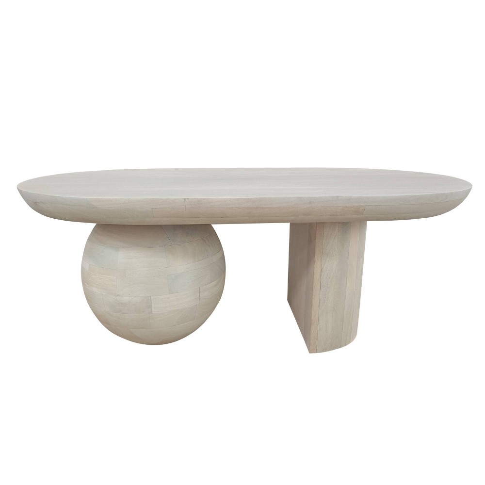 The Urban Port 38" Coffee Table Oblong Mango Wood Top with A Modern Ball Leg Washed White