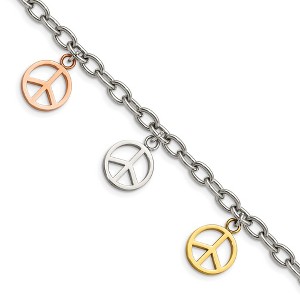 Chisel Stainless Steel Polished Rose and Yellow IP-plated Peace Sign Charms 8.5" Bracelet - 1 of 4