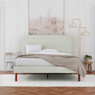 Ivory Upholstered Queen Bed with Wood Frame and Headboard