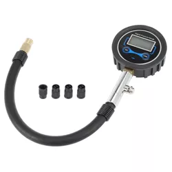 Unique Bargains 3 to 200PSI Portable Digital Tire Pressure Gauges Inflator with 4 Tire Valve Caps 4.06" Black 1PC