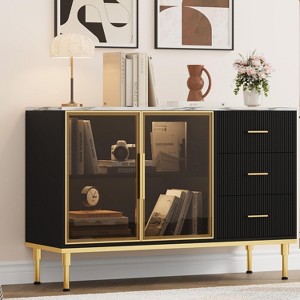 46.4 in Large Fluted Kitchen Sideboard Cabinet with 2 Glass Doors 3 Drawers and Shelves, Faux Marble Top Buffet Table for Dining Room - 1 of 4