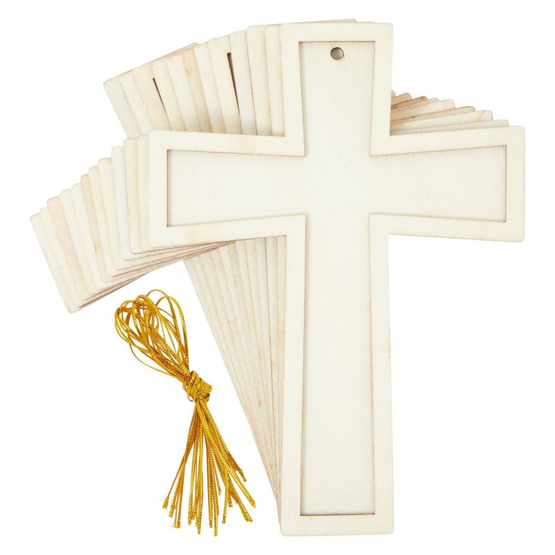 Bright Creations 12 Pack Unfinished Small Wooden Crosses for Crafts with Gold String for DIY Ornaments, 3.8x5 in, 1 of 9