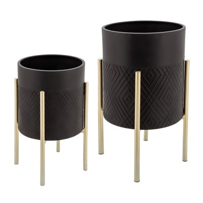 Sagebrook Home Set of 2 Diamond Planters on Metal Stand Black/Gold