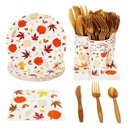 Juvale 144 Pieces Autumn Paper Plates and Napkins, Cups, Cutlery for Thanksgiving, Fall Party Supplies, Serves 24