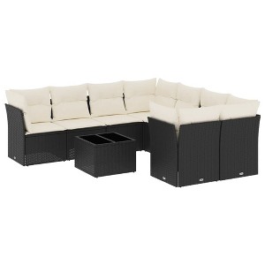 vidaXL 9 Piece Patio Sofa Set with Cushions Black Poly Rattan - Black and Cream 2x Middle + 4x Corner + Table - 1 of 4