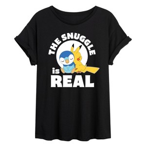 Women's - Pokémon - The Snuggle Is Real Pikachu And Piplup Oversized Graphic T-Shirt - 1 of 4