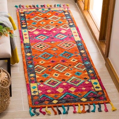 Handmade Blue Geometric Tufted Wool Area Rug - 27x10