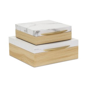 HomeRoots Set Of Two Natural And White Faux Marble And Wood Jewelry Box - 1 of 4
