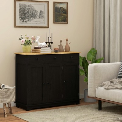 Homcom Kitchen Storage Cabinet, Sideboard Floor Cupboard with Solid Wood Top, Adjustable Shelf, and 3 Drawers for Living Room, Distressed Black — фото 2
