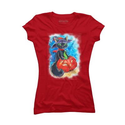 Junior's Design By Humans halloween. the witch cat By POLINART T-Shirt