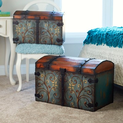 Vintage Domed Teal-Blue Wooden Storage Chest with Gold Scrolls