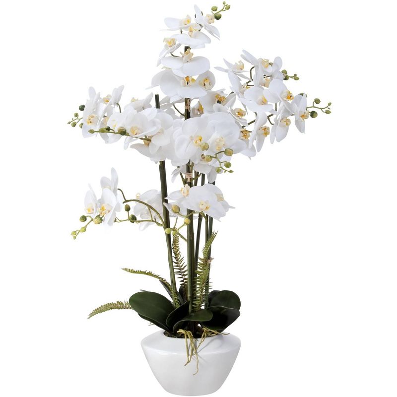 Dahlia Studios Potted Faux Artificial Flowers Realistic White Phalaenopsis Orchid in White Ceramic Pot Home Decoration 29" High, 3 of 7