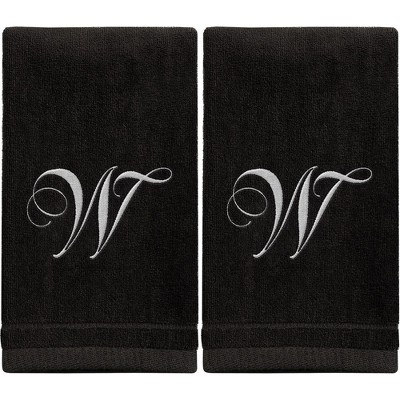 Creative Scents Black Fingertip Monogrammed Towels White Embroidered
