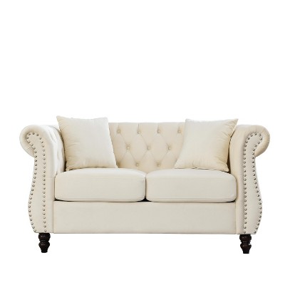 TiramisuBest 58.8" 2-Seater Tufted Velvet Sofa with Rolled Arms & Nailhead Trim, Black for Living Room,Bedroom & Office-2 Pillows