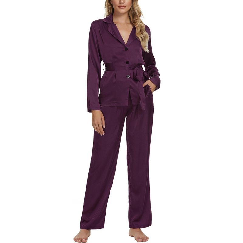 cheibear Womens Sleepwear V-Neck Tops with Belt Nightwear with Pants Loungewear Pajama Set, 1 of 6