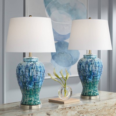 Teal Ceramic Temple Jar Table Lamps with White Shades, Set of 2