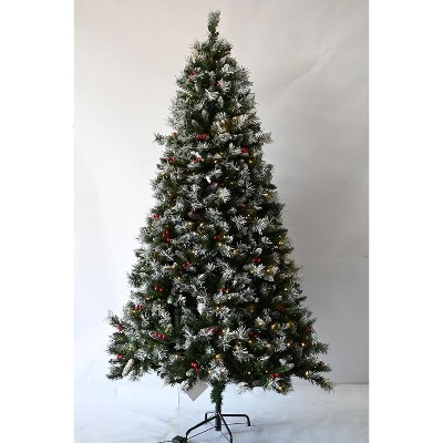 6FT Snow Flocked Christmas Tree Pre-Lit with 350 Colorful Lights, Artificial Xmas Tree with 876 Branch Tips & Foldable Metal Stand, Easy Assembly