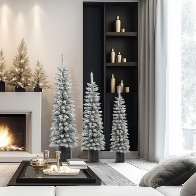 Set of 3 Snow-Flocked PVC Christmas Trees with Metal Pots