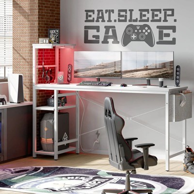 Black Carbon Fiber Gaming Desk with Reversible Shelves and Power Outlets