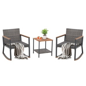 IULULU 3-Pc Outdoor Wicker Rocker Set with Table & Cushions - 1 of 4
