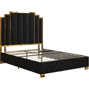 AMERLIFE Upholstered Bed, Modern Velvet Bed Frame with 61.4" Tall Gold Trim Headboard - 1 of 4