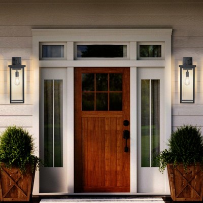 20" Set of 2 Modern Outdoor Wall Lanterns ¨C Black Metal & Clear Glass, Weatherproof, E26 Bulb Compatible (No Bulbs)
