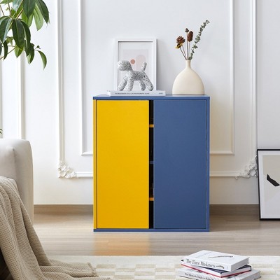 Storage Cabinet Modern Coffee Bar Cabinet with 3 Adjustable Shelves Yellow & Blue