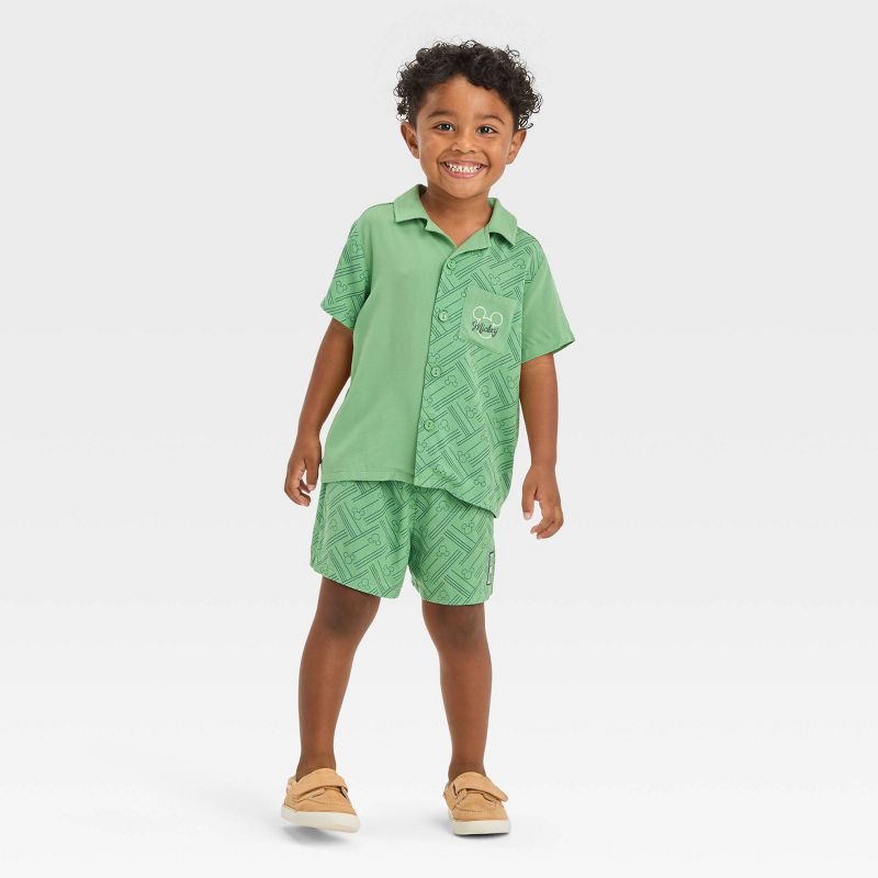 Toddler Boys' Disney Mickey Mouse Woven Pattern Top and Shorts Set - Green, 3 of 4